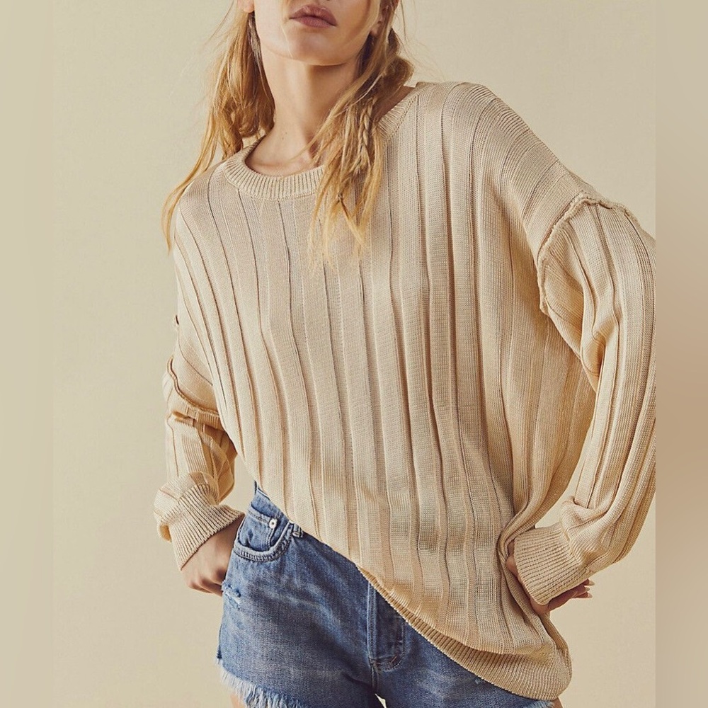 Free People Slinky Chain Knit Ribbed Oversized Tunic Sweater Cream Metallic M